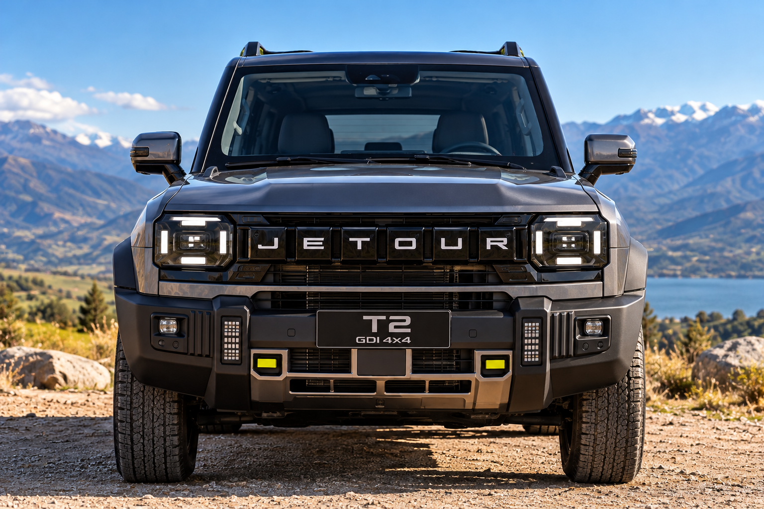 Frente del Jetour T2 GDI 4x4 con la cordillera de fondo